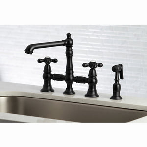 English Country KS7270AXBS Two-Handle 4-Hole Deck Mount Bridge Kitchen Faucet with Side Sprayer, Matte Black