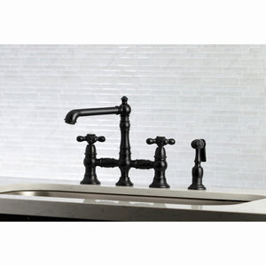 English Country KS7270AXBS Two-Handle 4-Hole Deck Mount Bridge Kitchen Faucet with Side Sprayer, Matte Black