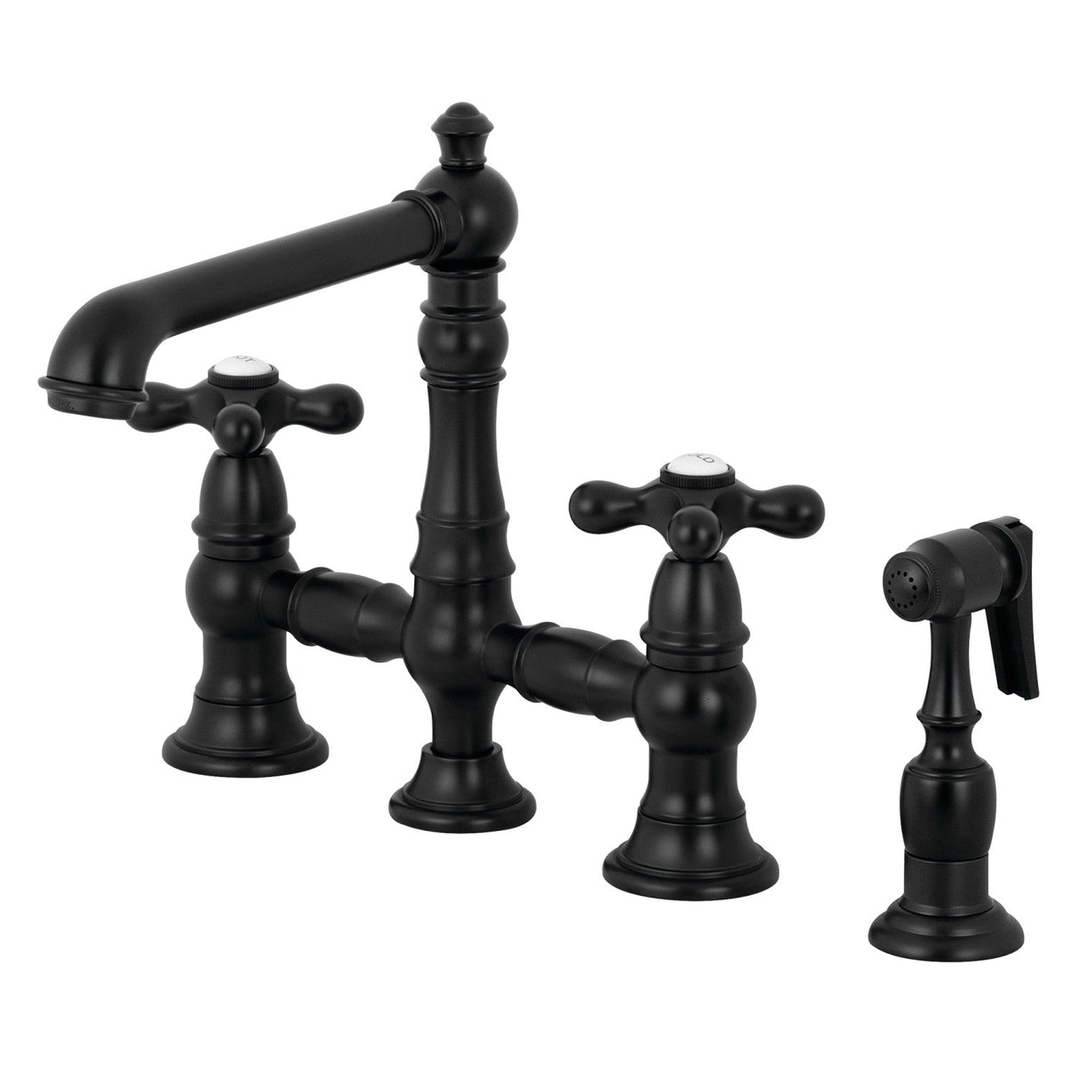 English Country KS7270AXBS Two-Handle 4-Hole Deck Mount Bridge Kitchen Faucet with Side Sprayer, Matte Black