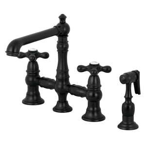 English Country KS7270AXBS Two-Handle 4-Hole Deck Mount Bridge Kitchen Faucet with Side Sprayer, Matte Black