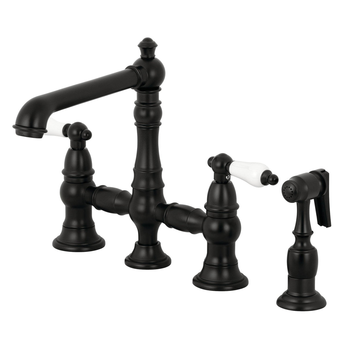 English Country KS7270PLBS Two-Handle 4-Hole Deck Mount Bridge Kitchen Faucet with Side Sprayer, Matte Black