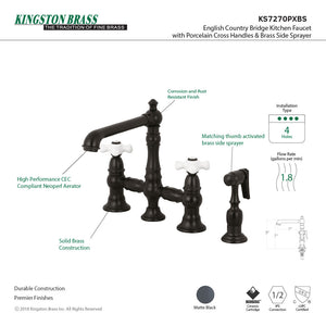 English Country KS7270PXBS Two-Handle 4-Hole Deck Mount Bridge Kitchen Faucet with Side Sprayer, Matte Black