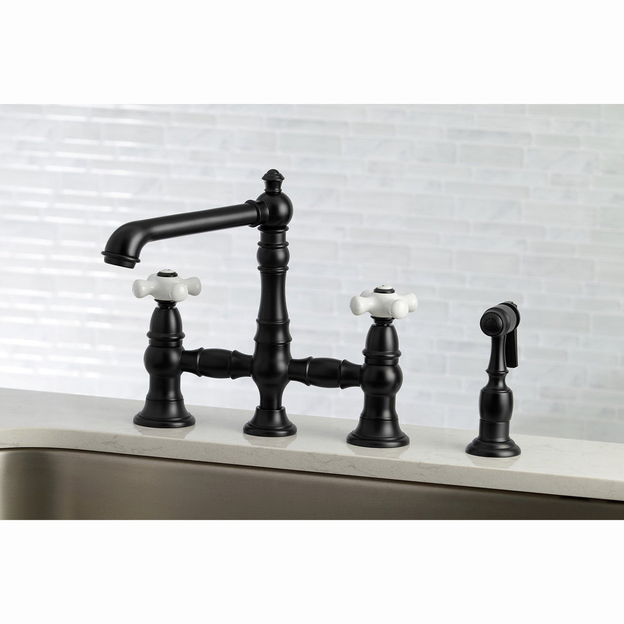 English Country KS7270PXBS Two-Handle 4-Hole Deck Mount Bridge Kitchen Faucet with Side Sprayer, Matte Black