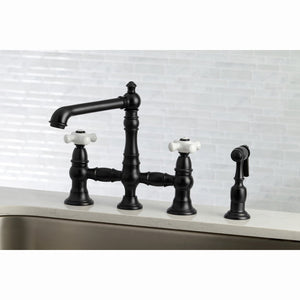English Country KS7270PXBS Two-Handle 4-Hole Deck Mount Bridge Kitchen Faucet with Side Sprayer, Matte Black