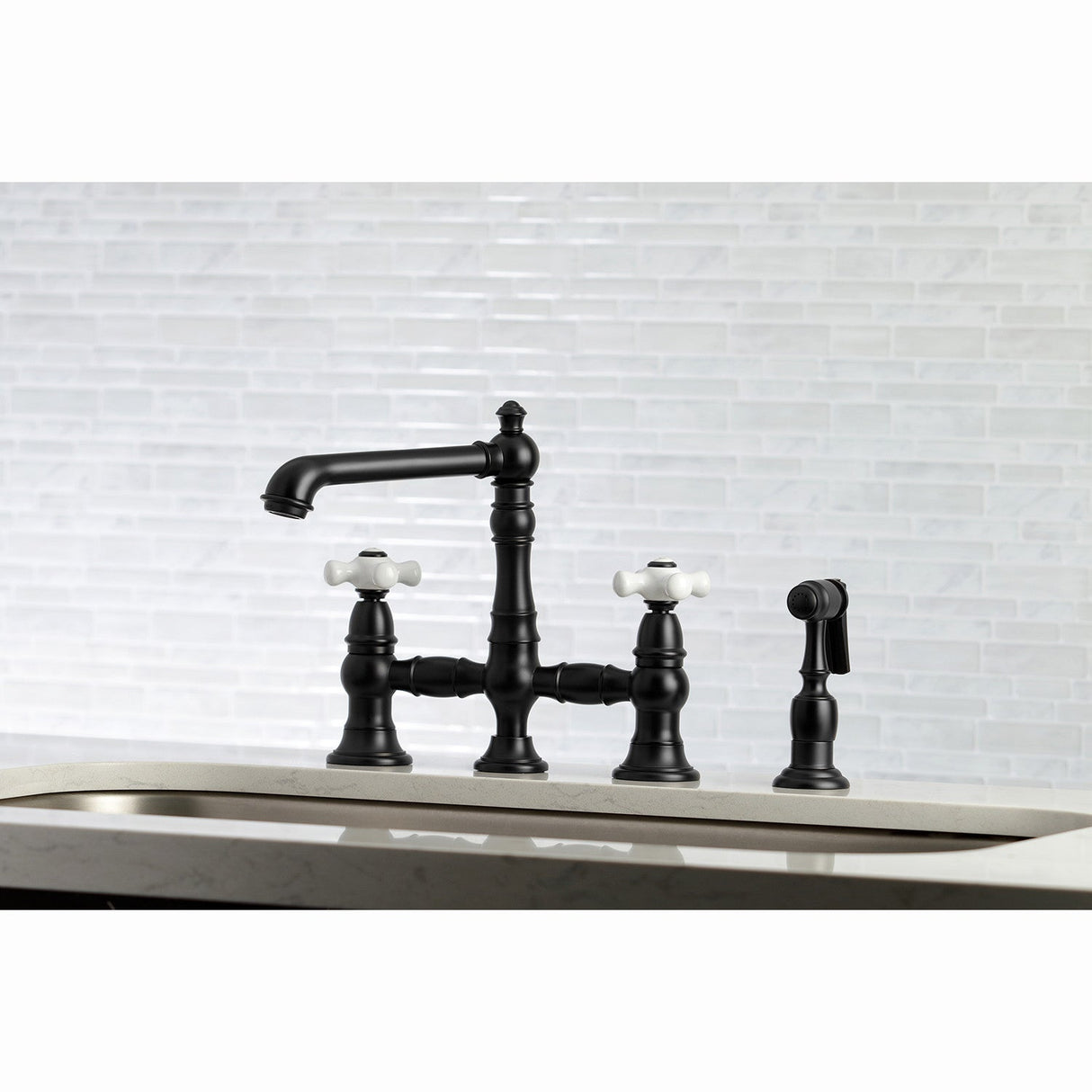 English Country KS7270PXBS Two-Handle 4-Hole Deck Mount Bridge Kitchen Faucet with Side Sprayer, Matte Black