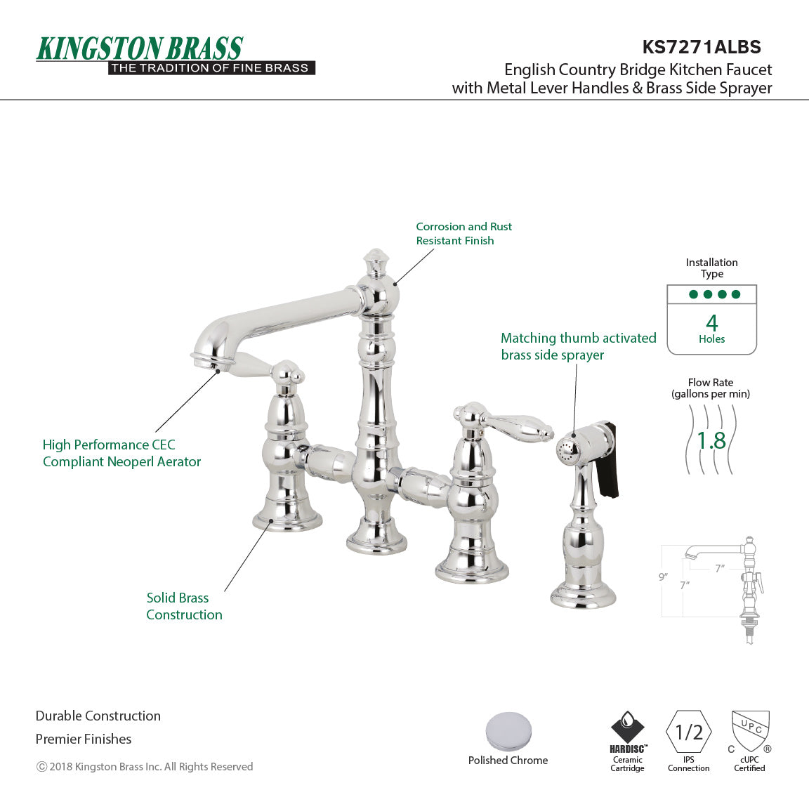 English Country KS7271ALBS Two-Handle 4-Hole Deck Mount Bridge Kitchen Faucet with Side Sprayer, Polished Chrome