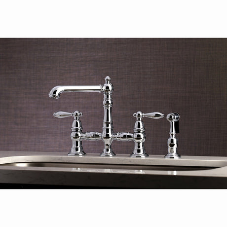 English Country KS7271ALBS Two-Handle 4-Hole Deck Mount Bridge Kitchen Faucet with Side Sprayer, Polished Chrome