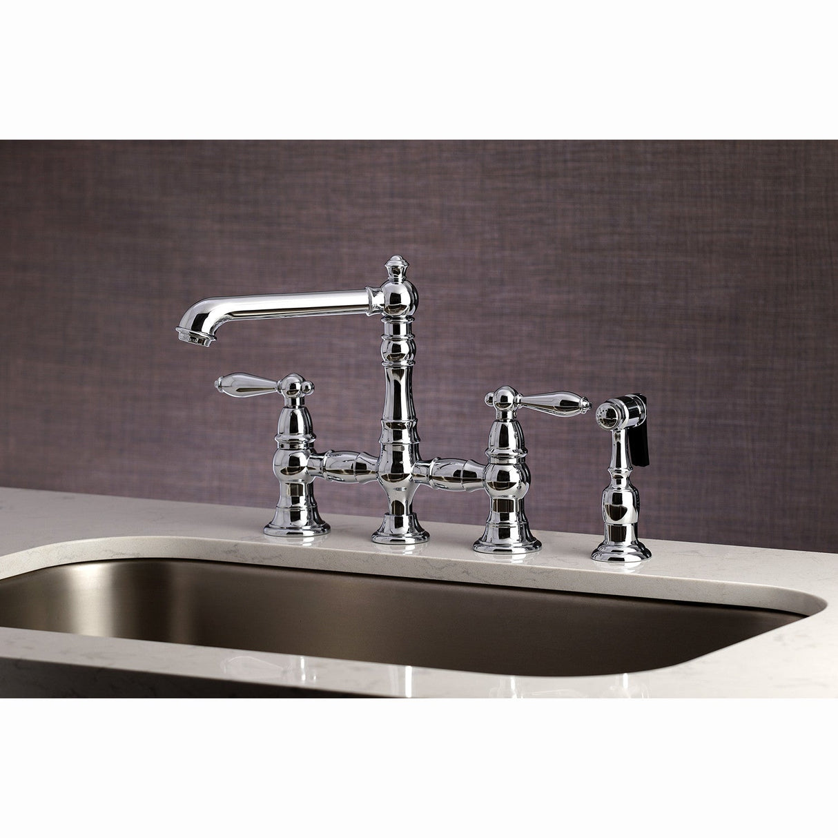 English Country KS7271ALBS Two-Handle 4-Hole Deck Mount Bridge Kitchen Faucet with Side Sprayer, Polished Chrome