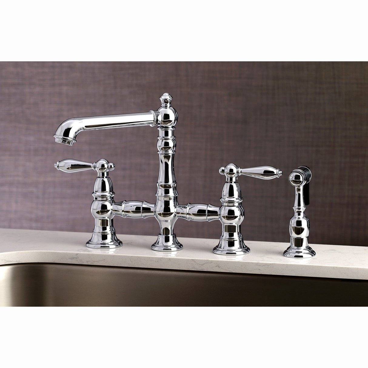 English Country KS7271ALBS Two-Handle 4-Hole Deck Mount Bridge Kitchen Faucet with Side Sprayer, Polished Chrome