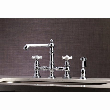 English Country KS7271PXBS Two-Handle 4-Hole Deck Mount Bridge Kitchen Faucet with Side Sprayer, Polished Chrome