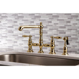 English Country KS7272ALBS Two-Handle 4-Hole Deck Mount Bridge Kitchen Faucet with Side Sprayer, Polished Brass