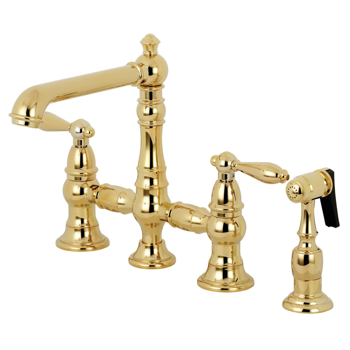 English Country KS7272ALBS Two-Handle 4-Hole Deck Mount Bridge Kitchen Faucet with Side Sprayer, Polished Brass