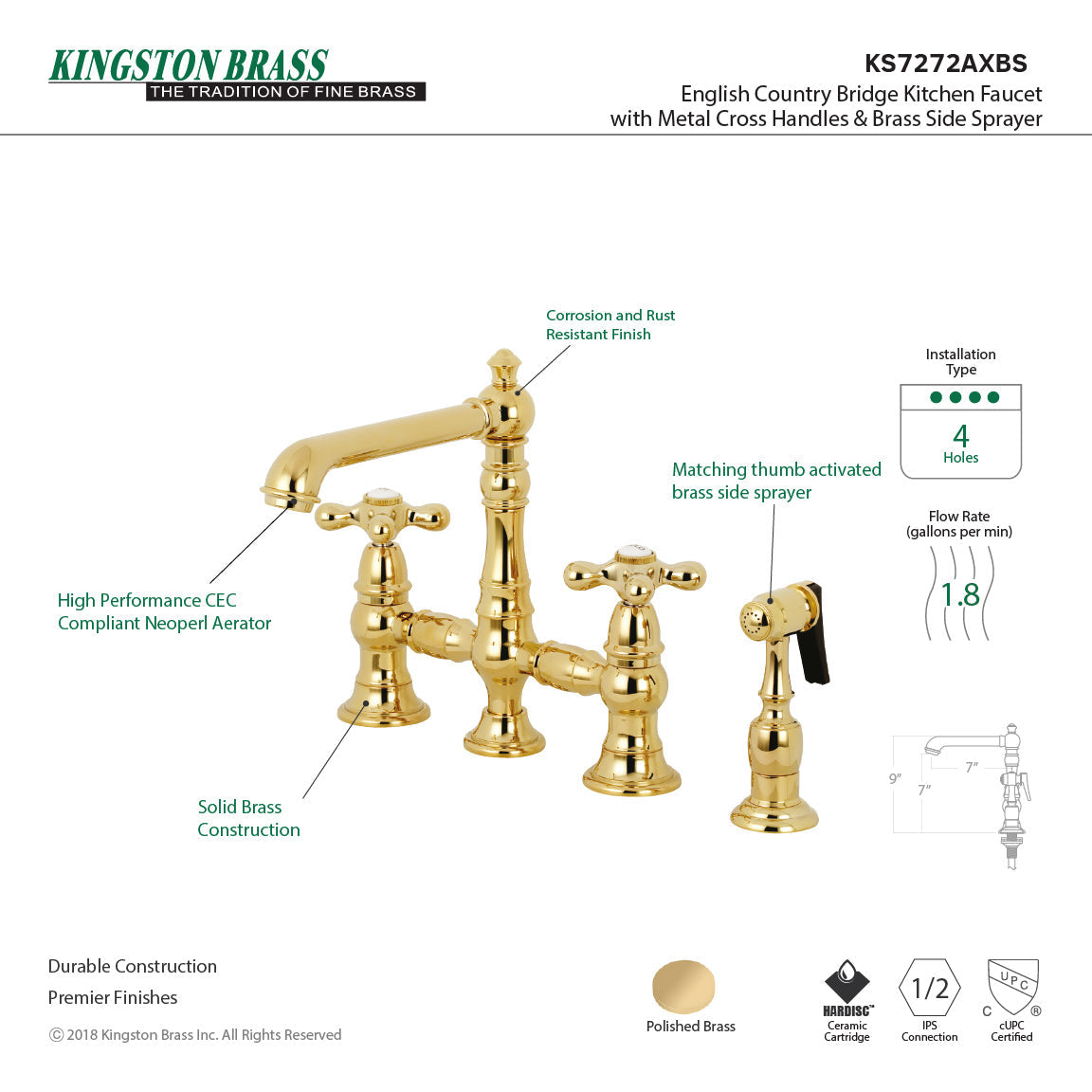 English Country KS7272AXBS Two-Handle 4-Hole Deck Mount Bridge Kitchen Faucet with Side Sprayer, Polished Brass