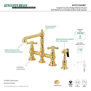 English Country KS7272AXBS Two-Handle 4-Hole Deck Mount Bridge Kitchen Faucet with Side Sprayer, Polished Brass