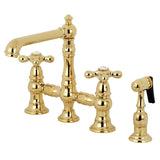 English Country KS7272AXBS Two-Handle 4-Hole Deck Mount Bridge Kitchen Faucet with Side Sprayer, Polished Brass