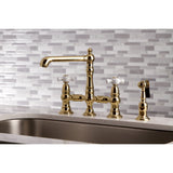 English Country KS7272PXBS Two-Handle 4-Hole Deck Mount Bridge Kitchen Faucet with Side Sprayer, Polished Brass
