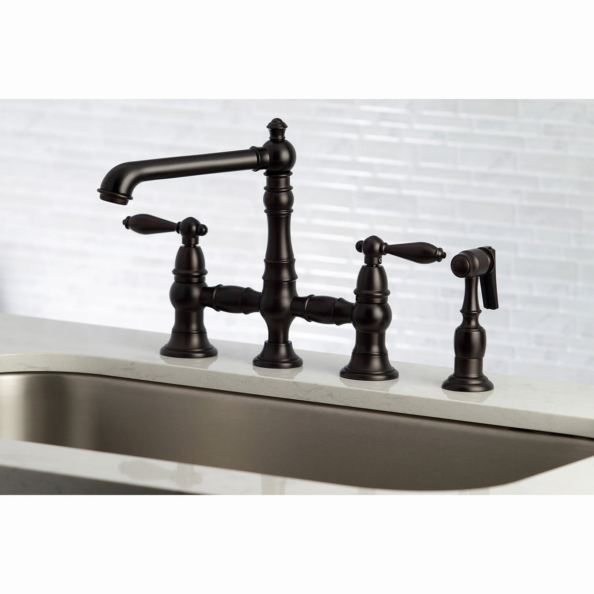 English Country KS7275ALBS Two-Handle 4-Hole Deck Mount Bridge Kitchen Faucet with Side Sprayer, Oil Rubbed Bronze
