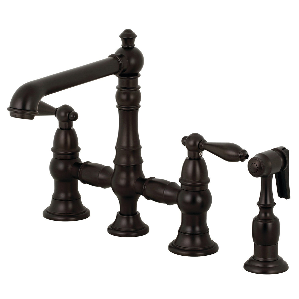 English Country KS7275ALBS Two-Handle 4-Hole Deck Mount Bridge Kitchen Faucet with Side Sprayer, Oil Rubbed Bronze