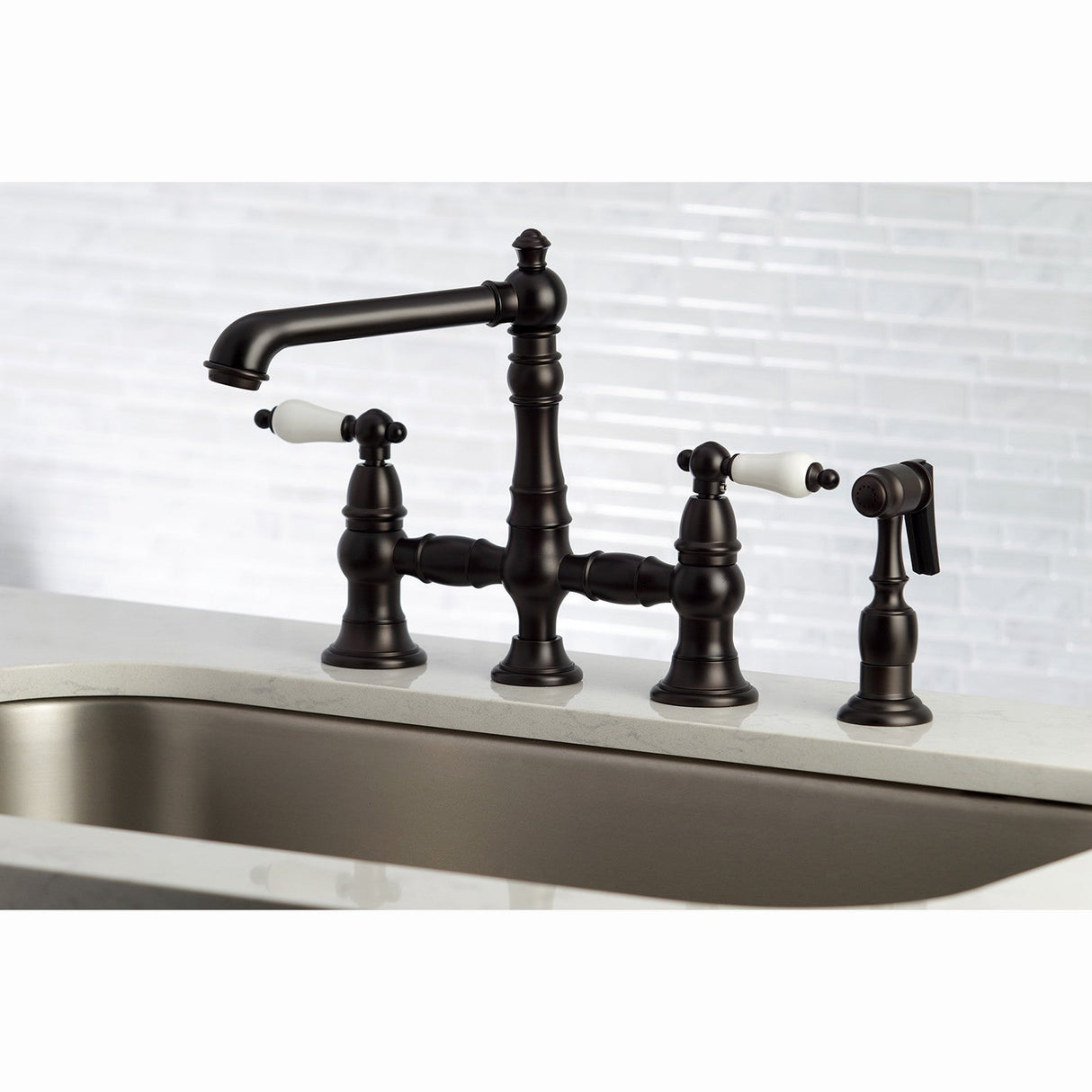 English Country KS7275PLBS Two-Handle 4-Hole Deck Mount Bridge Kitchen Faucet with Side Sprayer, Oil Rubbed Bronze