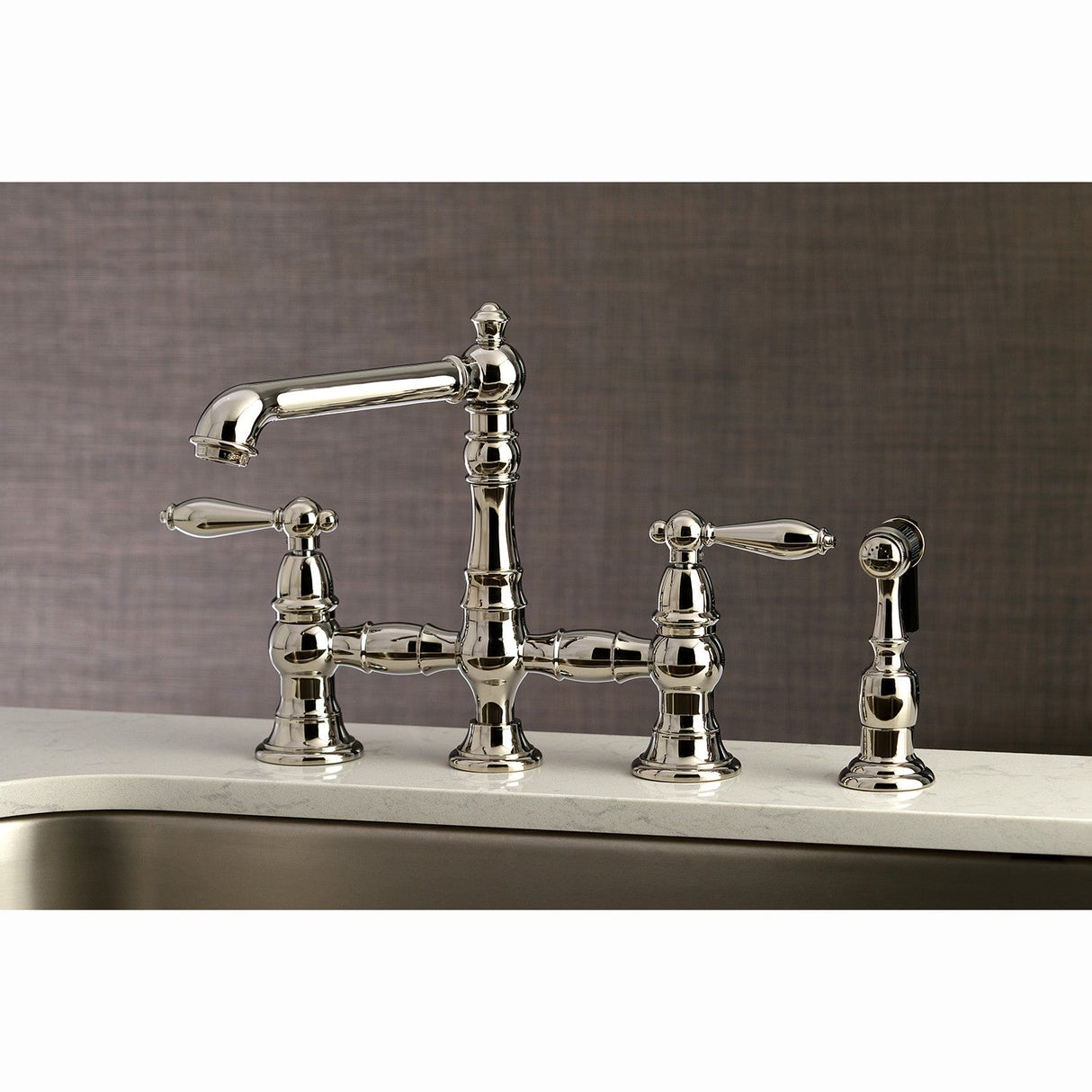 English Country KS7276ALBS Two-Handle 4-Hole Deck Mount Bridge Kitchen Faucet with Side Sprayer, Polished Nickel