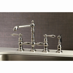 English Country KS7276ALBS Two-Handle 4-Hole Deck Mount Bridge Kitchen Faucet with Side Sprayer, Polished Nickel