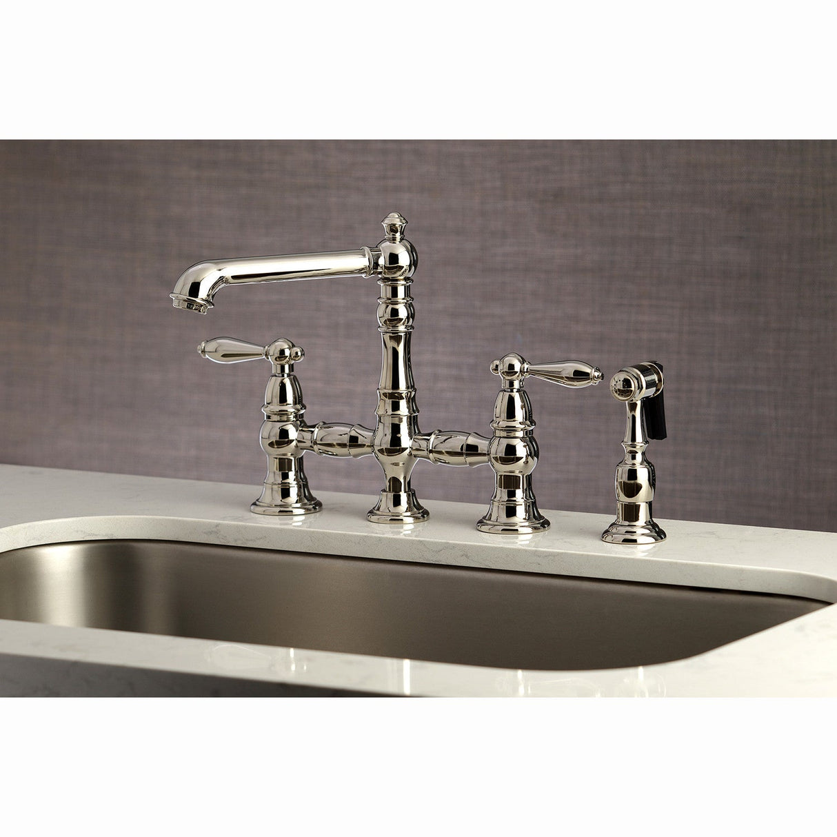 English Country KS7276ALBS Two-Handle 4-Hole Deck Mount Bridge Kitchen Faucet with Side Sprayer, Polished Nickel