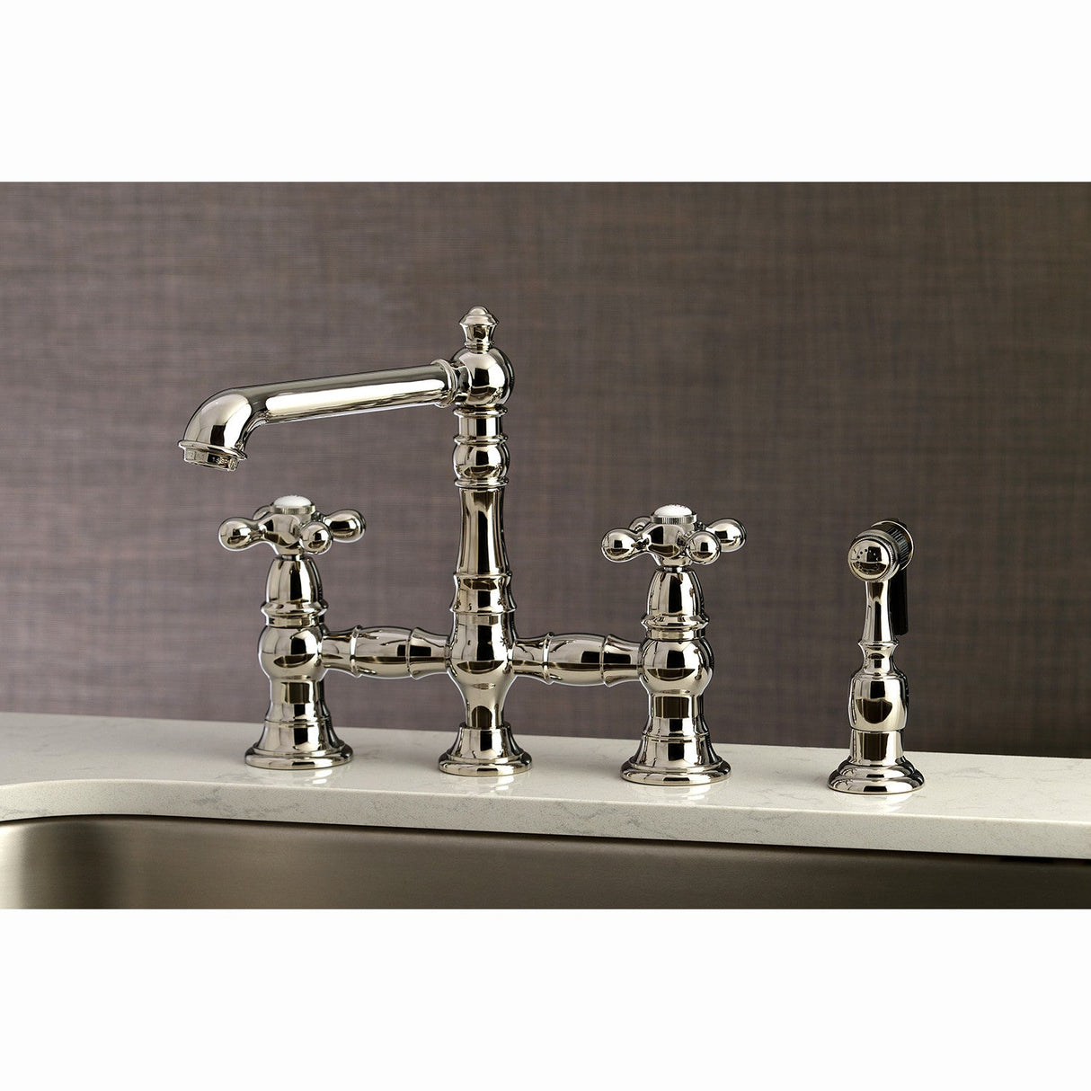 English Country KS7276AXBS Two-Handle 4-Hole Deck Mount Bridge Kitchen Faucet with Side Sprayer, Polished Nickel