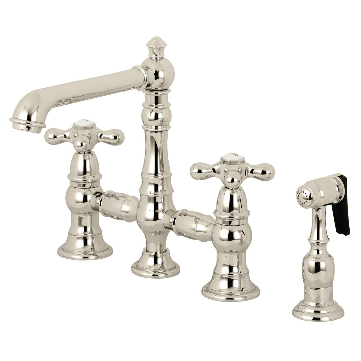 English Country KS7276AXBS Two-Handle 4-Hole Deck Mount Bridge Kitchen Faucet with Side Sprayer, Polished Nickel