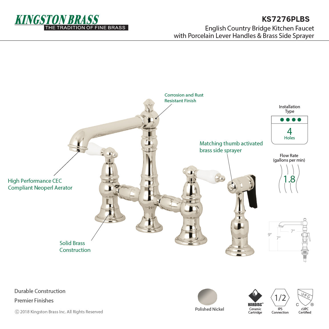 English Country KS7276PLBS Two-Handle 4-Hole Deck Mount Bridge Kitchen Faucet with Side Sprayer, Polished Nickel