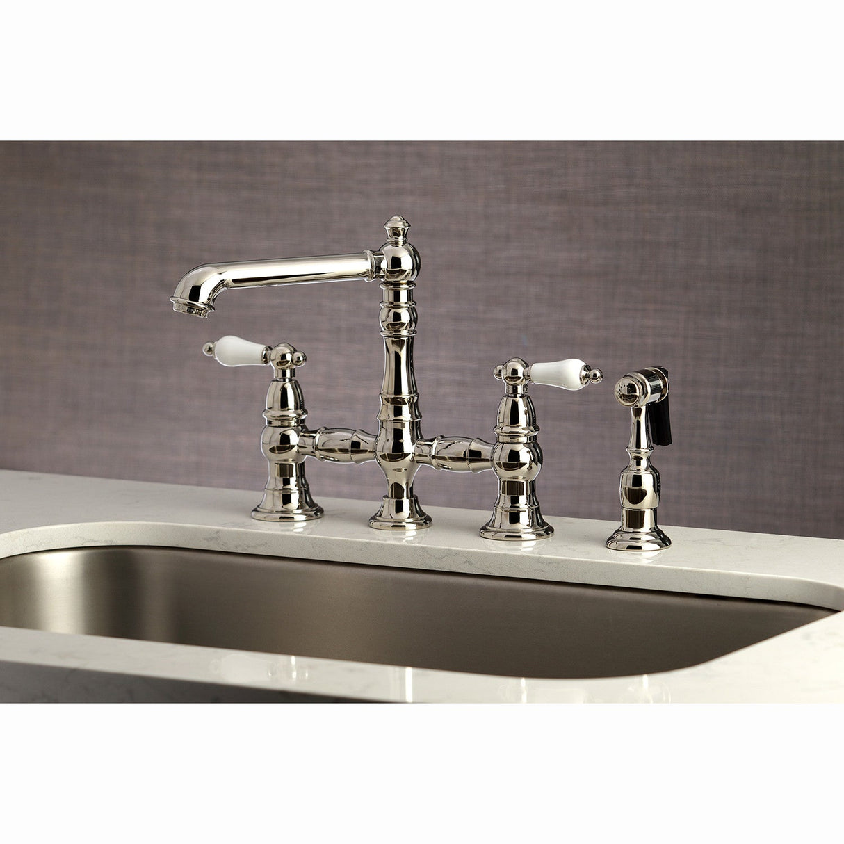 English Country KS7276PLBS Two-Handle 4-Hole Deck Mount Bridge Kitchen Faucet with Side Sprayer, Polished Nickel