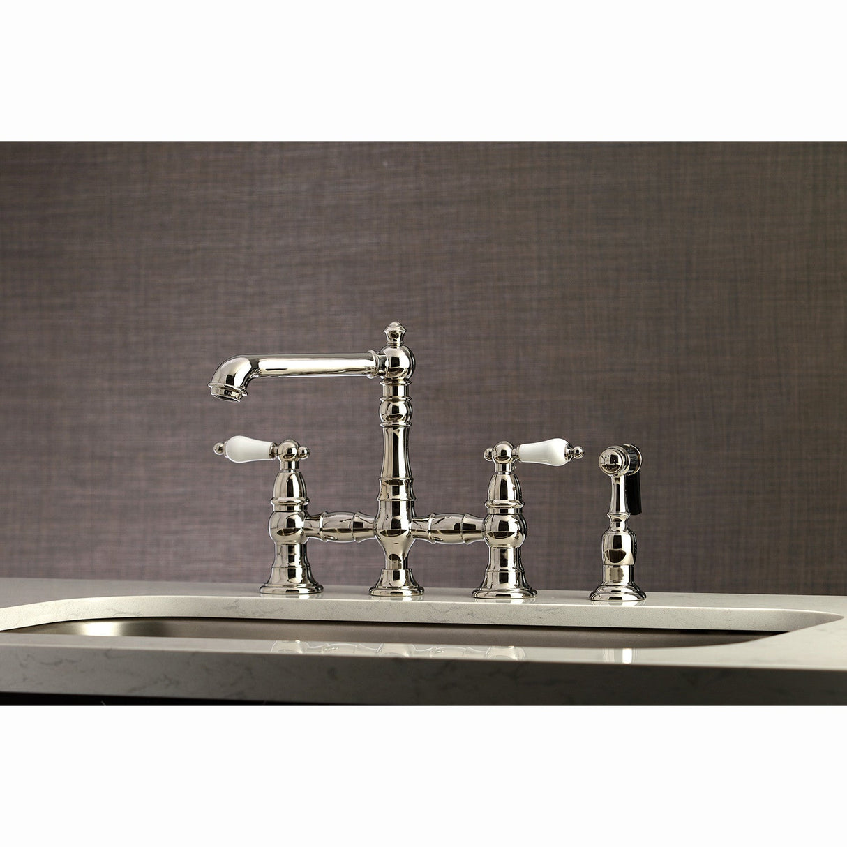 English Country KS7276PLBS Two-Handle 4-Hole Deck Mount Bridge Kitchen Faucet with Side Sprayer, Polished Nickel