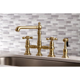 English Country KS7277AXBS Two-Handle 4-Hole Deck Mount Bridge Kitchen Faucet with Side Sprayer, Brushed Brass