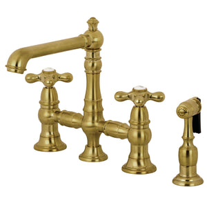English Country KS7277AXBS Two-Handle 4-Hole Deck Mount Bridge Kitchen Faucet with Side Sprayer, Brushed Brass