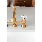 English Country KS7277PXBS Two-Handle 4-Hole Deck Mount Bridge Kitchen Faucet with Side Sprayer, Brushed Brass