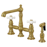 English Country KS7277PXBS Two-Handle 4-Hole Deck Mount Bridge Kitchen Faucet with Side Sprayer, Brushed Brass