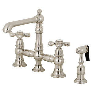 English Country KS7278AXBS Two-Handle 4-Hole Deck Mount Bridge Kitchen Faucet with Side Sprayer, Brushed Nickel