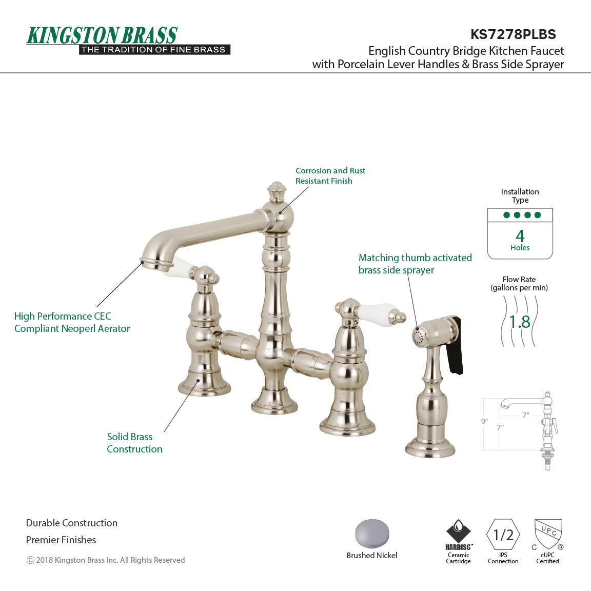 English Country KS7278PLBS Two-Handle 4-Hole Deck Mount Bridge Kitchen Faucet with Side Sprayer, Brushed Nickel