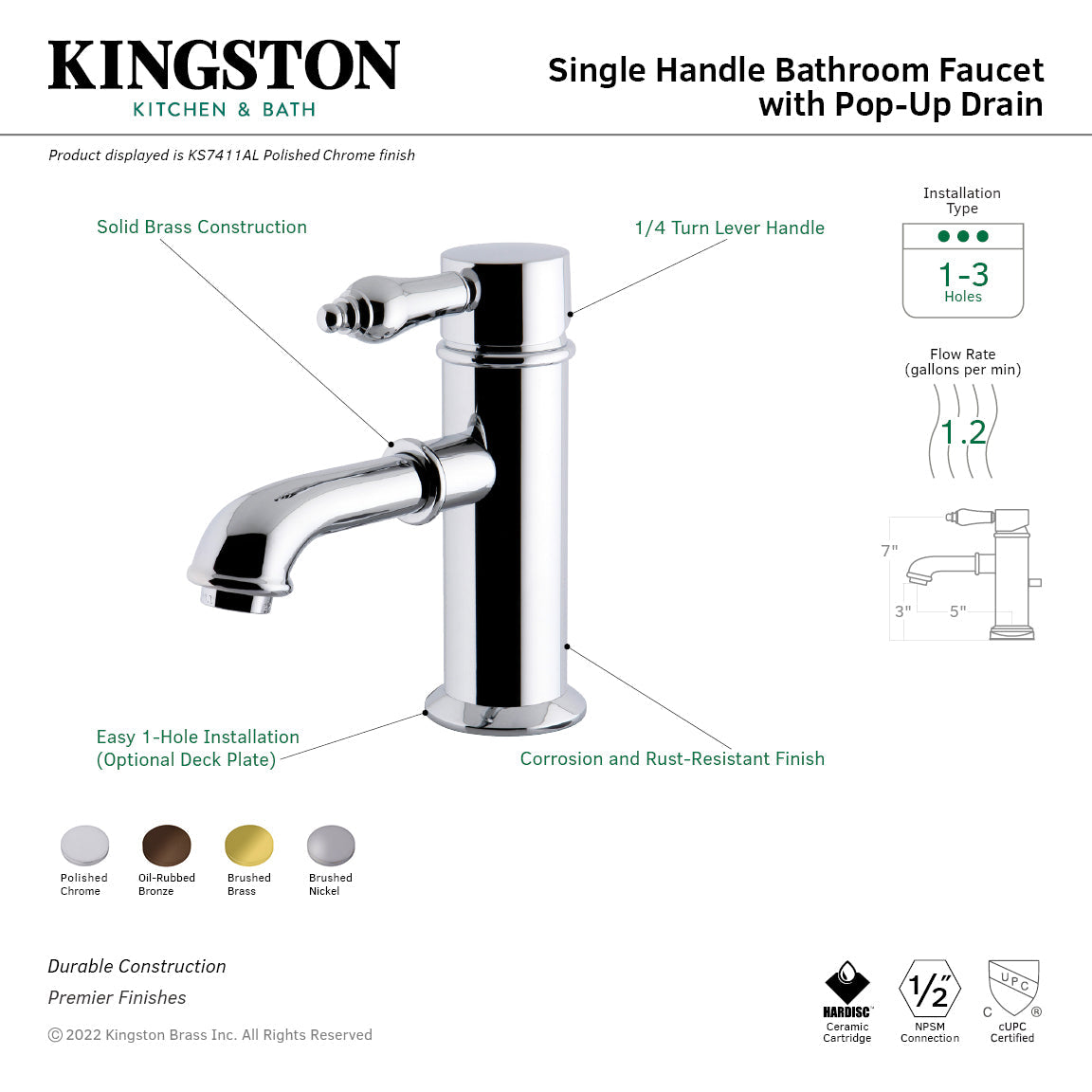 Paris KS7411AL Single-Handle 1-Hole Deck Mount Bathroom Faucet with Brass Pop-Up, Polished Chrome