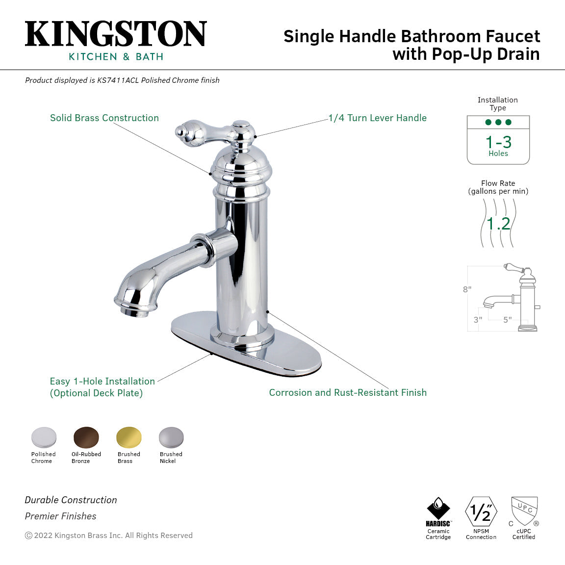 American Classic KS7418ACL Single-Handle 1-Hole Deck Mount Bathroom Faucet with Brass Pop-Up, Brushed Nickel