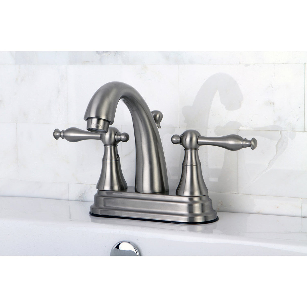 Normandy KS7618NL Two-Handle 3-Hole Deck Mount 4" Centerset Bathroom Faucet with Brass Pop-Up, Brushed Nickel