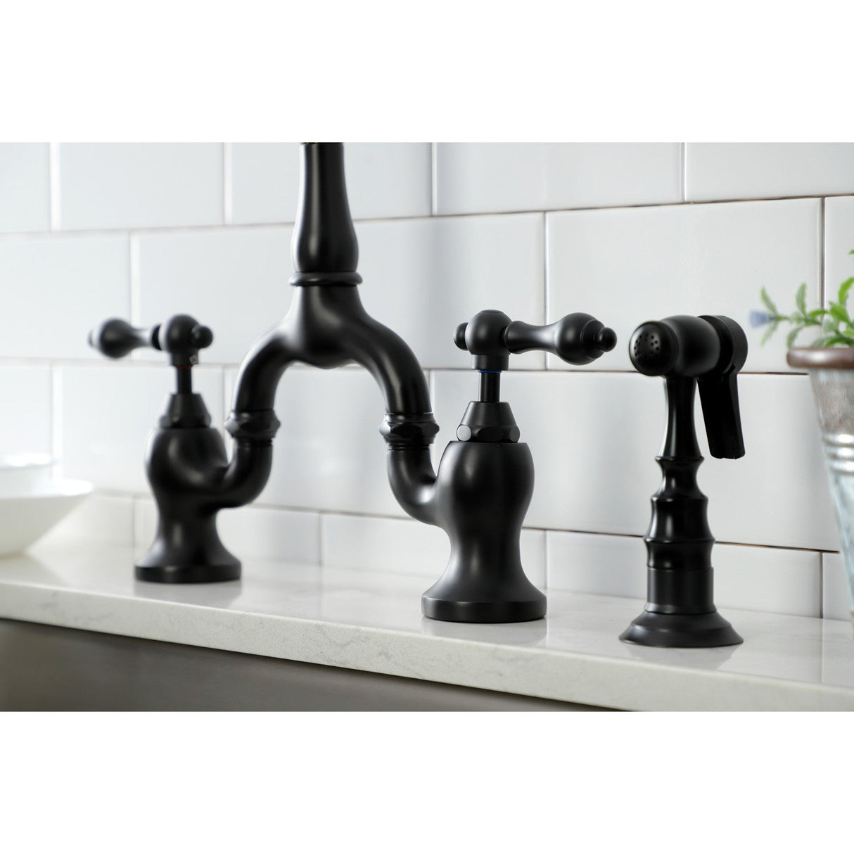 English Country KS7750ALBS Two-Handle 3-Hole Deck Mount Bridge Kitchen Faucet with Brass Sprayer, Matte Black