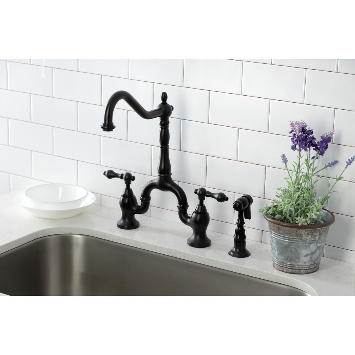 English Country KS7750ALBS Two-Handle 3-Hole Deck Mount Bridge Kitchen Faucet with Brass Sprayer, Matte Black