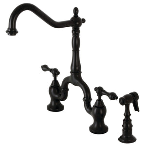 English Country KS7750ALBS Two-Handle 3-Hole Deck Mount Bridge Kitchen Faucet with Brass Sprayer, Matte Black