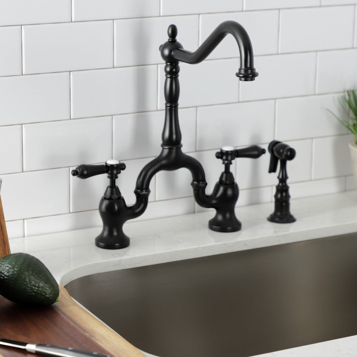 Heirloom KS7750BALBS Two-Handle 3-Hole Deck Mount Bridge Kitchen Faucet with Brass Sprayer, Matte Black