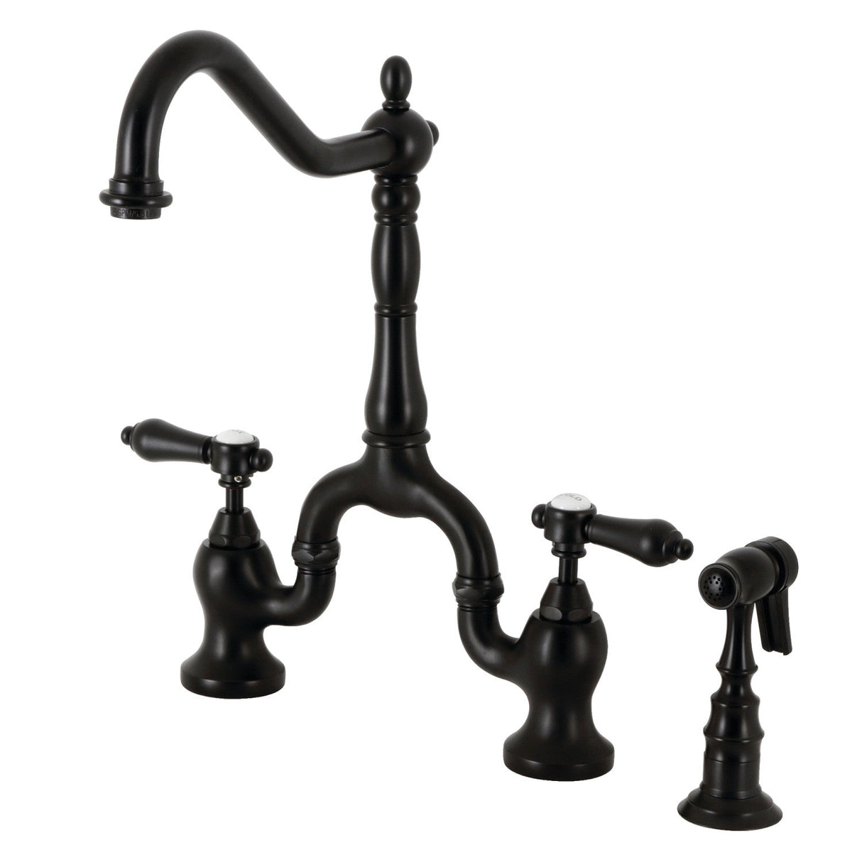 Heirloom KS7750BALBS Two-Handle 3-Hole Deck Mount Bridge Kitchen Faucet with Brass Sprayer, Matte Black