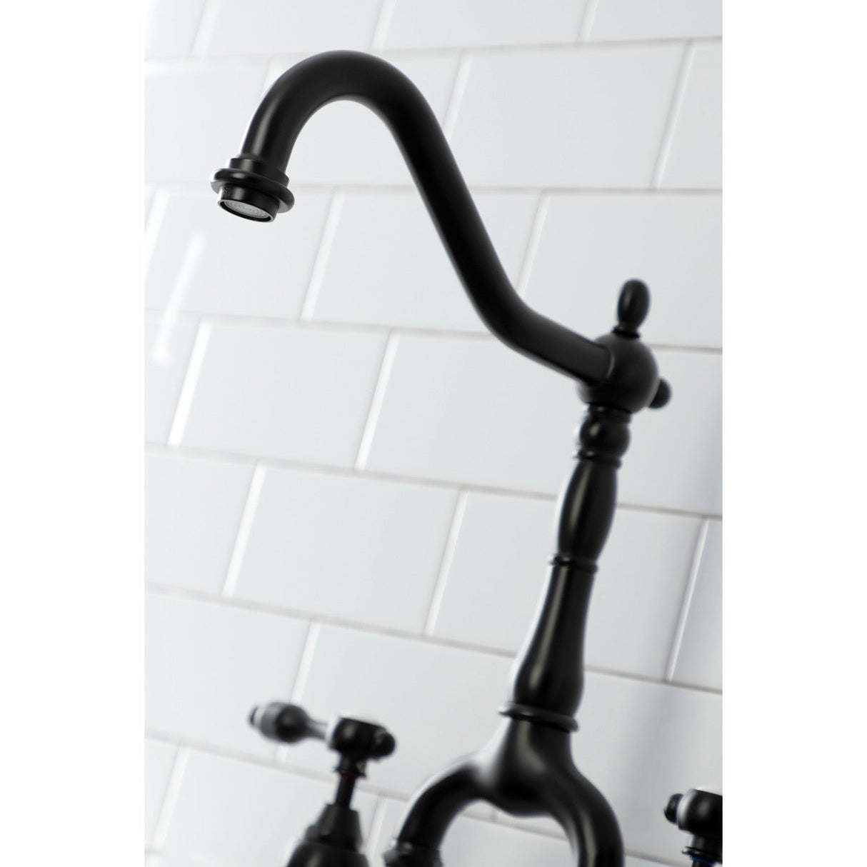 Tudor KS7750TALBS Two-Handle 3-Hole Deck Mount Bridge Kitchen Faucet with Brass Sprayer, Matte Black