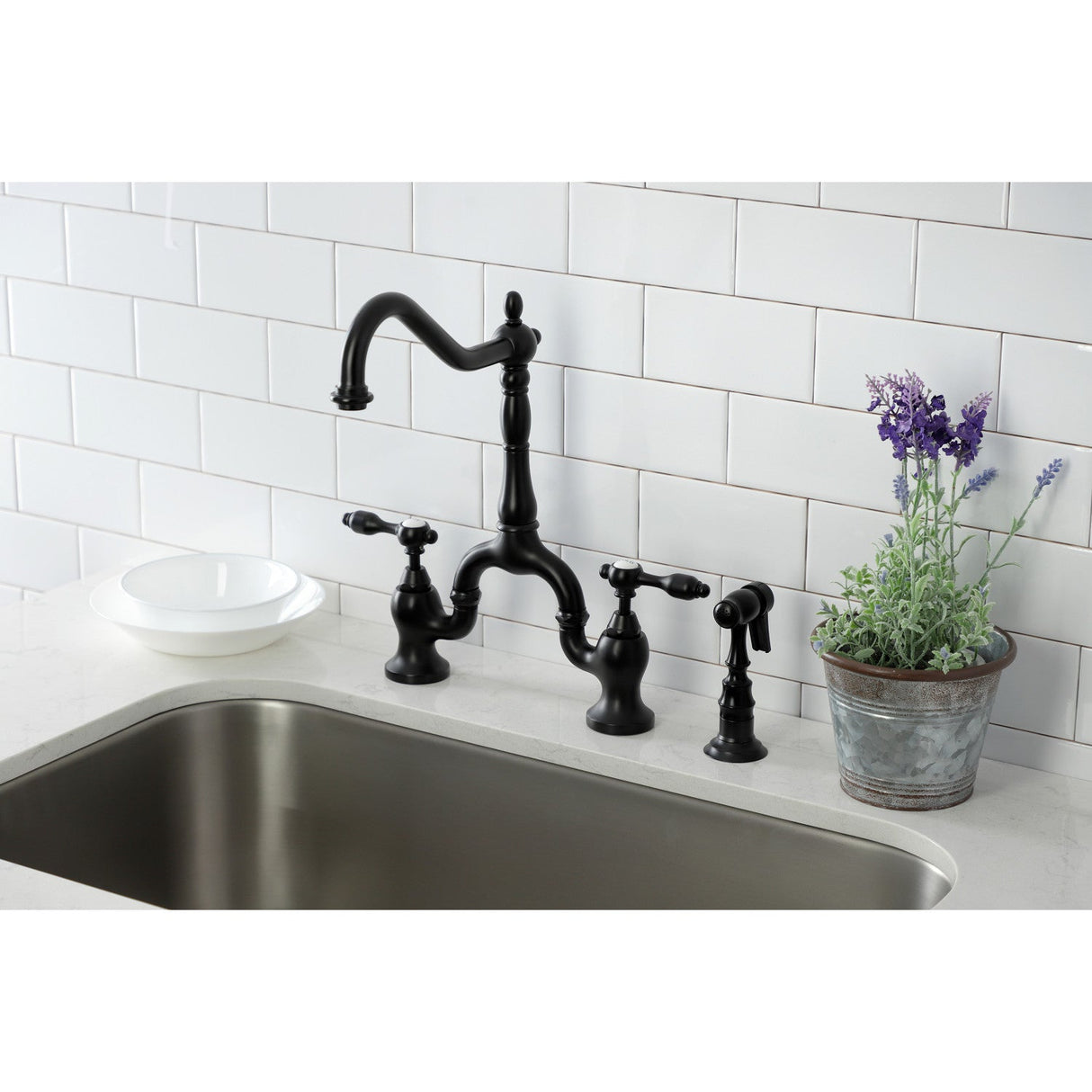 Tudor KS7750TALBS Two-Handle 3-Hole Deck Mount Bridge Kitchen Faucet with Brass Sprayer, Matte Black