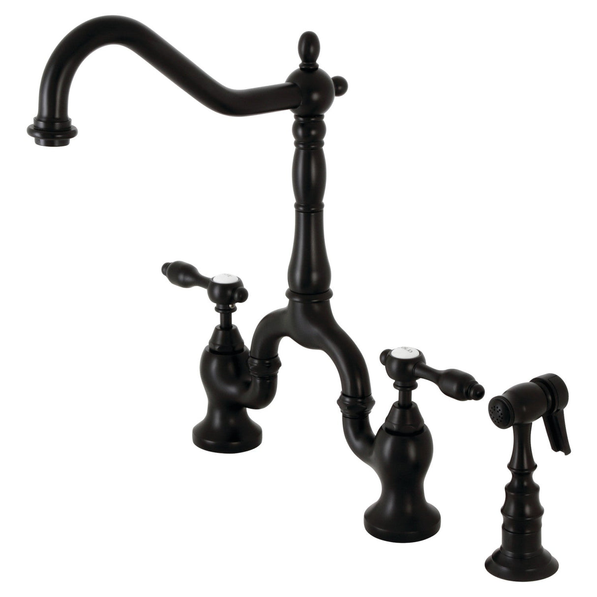 Tudor KS7750TALBS Two-Handle 3-Hole Deck Mount Bridge Kitchen Faucet with Brass Sprayer, Matte Black