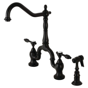 Tudor KS7750TALBS Two-Handle 3-Hole Deck Mount Bridge Kitchen Faucet with Brass Sprayer, Matte Black