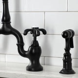 French Country KS7750TXBS Two-Handle 3-Hole Deck Mount Bridge Kitchen Faucet with Brass Sprayer, Matte Black